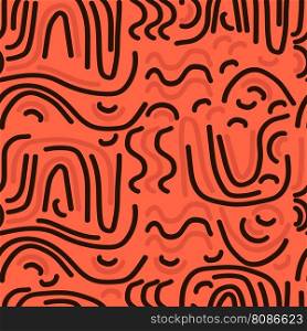 Geometric modern abstract linear seamless pattern. Scattered curved lines on orange background. Vector illustration for wallpaper, packaging, textile, design