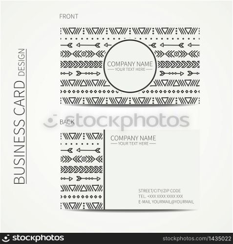 Geometric monochrome business card template with ethnic pattern for your design. Tribal native business card. Calling card. Vector design.. Geometric monochrome business card template with ethnic pattern for your design. Tribal native business card. Trendy calling card. Vector design.