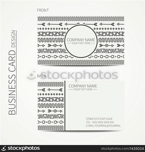 Geometric monochrome business card template with ethnic pattern for your design. Tribal native business card. Calling card. Vector design.. Geometric monochrome business card template with ethnic pattern for your design. Tribal native business card. Trendy calling card. Vector design.