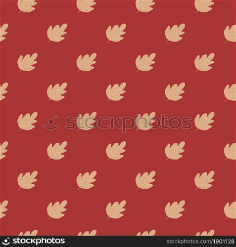 Geometric oak seamless pattern on red background. Vintage foliage backdrop. Simple nature wallpaper. For fabric design, textile print, wrapping, cover. Doodle vector illustration.. Geometric oak seamless pattern on red background.
