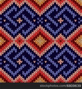 Geometric ornamental seamless knitted vector pattern as a fabric texture in blue, red, pink and beige hues