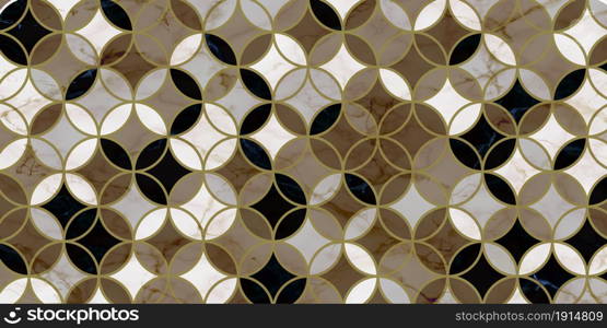 Geometric pattern circle overlapping traditional. Luxury background with gold lines and marble texture