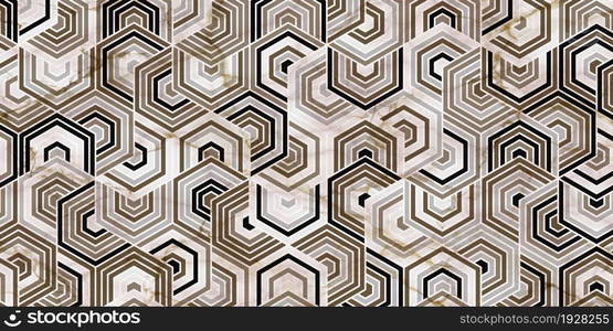 Geometric pattern polygonal shape golden background. Overlapping weave design with marble texture