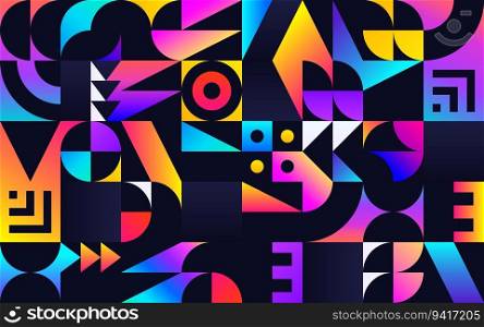 Geometric pattern with 30s styled shapes inspired by Bauhaus and modern fluid vibrant colors for abstract background or wallpaper