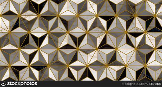Geometric pattern with triangle shape dark background. Luxury with gold lines and marble texture modern design