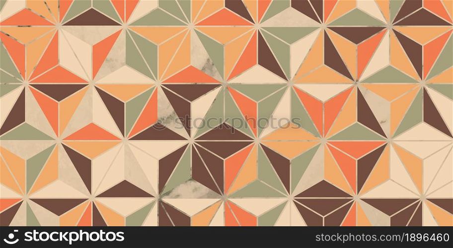 Geometric pattern with triangle shape design vintage. Grunge background of green, orange, brown color and marble texture