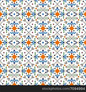 Geometric pattern with triangles and arrows in blue and orange colors on white background. Vector illustration. Geometric pattern with triangles