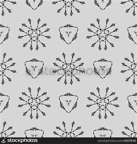 Geometric pattern with triangles and ethnic floral circles. Texture for web, print, wallpaper, home decor, fashion fabric, textile wallpaper, website or invitation background in hipster style. Geometric pattern with triangle and ethnic floral circles. Texture for web, print, wallpaper, home decor, fashion fabric, textile wallpaper, website or invitation background in hipster style
