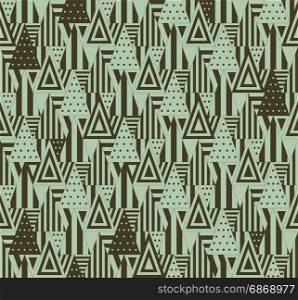 Geometric pattern with triangles. Triangular seamless pattern on green background. Triangles consist of different forms.
