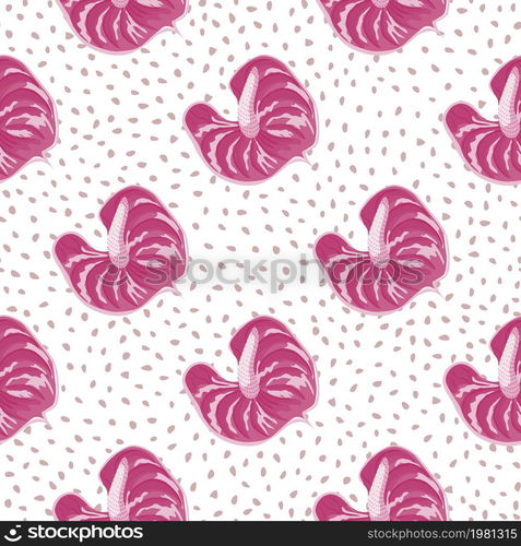 Geometric pink anthurium flowers seamless pattern on dots background. Trendy exotic hawaiian plants backdrop. Tropical botanical wallpaper. Design for fabric , textile, surface, wrapping paper. Geometric pink anthurium flowers seamless pattern on dots background. Trendy exotic hawaiian plants backdrop. Tropical botanical wallpaper.