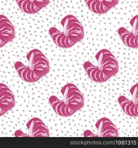 Geometric pink anthurium flowers seamless pattern on dots background. Trendy exotic hawaiian plants backdrop. Tropical botanical wallpaper. Design for fabric , textile, surface, wrapping paper. Geometric pink anthurium flowers seamless pattern on dots background. Trendy exotic hawaiian plants backdrop. Tropical botanical wallpaper.