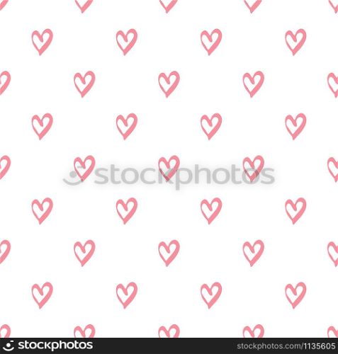 geometric pink hearts seamless pattern on white background. Valentines Day backdrop. Design for fabric, textile print, wrapping paper. Vector illustration. Simple geometric pink hearts seamless pattern on white background.