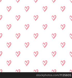 geometric pink hearts seamless pattern on white background. Valentines Day backdrop. Design for fabric, textile print, wrapping paper. Vector illustration. Simple geometric pink hearts seamless pattern on white background.