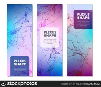 Geometric Plexus Shapes Vertical Banners . Geometric plexus pattern digital 3d shapes 3 vertical gradient color banners with text blocks isolated vector illustration