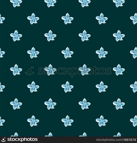 Geometric plumeria flower seamless pattern on dark background. Exotic tropical wallpaper. Abstract botanical backdrop. Design for fabric , textile print, wrapping, cover. Vector illustration.. Geometric plumeria flower seamless pattern on dark background.