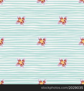 Geometric plumeria flower seamless pattern on green stripe background. Abstract botanical backdrop. Exotic tropical wallpaper. Design for fabric , textile print, wrapping, cover. Vector illustration.. Geometric plumeria flower seamless pattern on green stripe background.