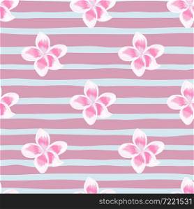 Geometric plumeria flower seamless pattern on stripe background. Exotic tropical wallpaper. Abstract botanical backdrop. Design for fabric , textile print, wrapping, cover. Vector illustration.. Geometric plumeria flower seamless pattern on stripe background. Exotic tropical wallpaper.