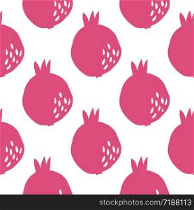 Geometric pomegranate fruit seamless pattern. Simple red pomegranates wallpaper in doodle style on white background. Cute backdrop for textile design. Vector hand drawn illustration.. Geometric pomegranate fruit seamless pattern. Simple red pomegranates wallpaper