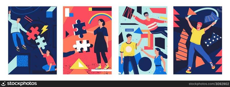 Geometric poster with people. Young characters holding abstract shapes and connecting puzzles. Analytics or creative process. Teamwork brainstorming. Persons finding solution. Vector illustrations set. Geometric poster with people. Young characters holding abstract shapes and puzzles. Analytics or creative process. Teamwork brainstorming. Finding solution. Vector illustrations set