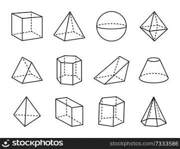 Geometric prism set, varied forms figures drawing, vector illustration, cube and octahedron, blunted cone, tetrahedron, hexagonal prism, pyramids set. Geometric Prism Set, Varied Forms Figures Drawing