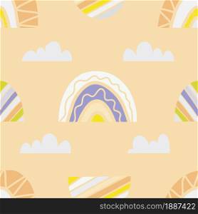 geometric rainbow with clouds on a light orange background. Seamless square rainbow print in boho style. Vector seamless illustration