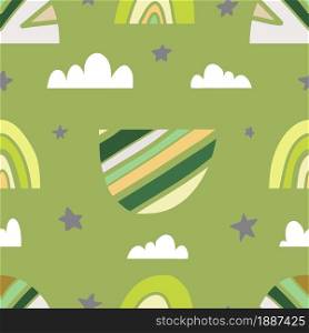 geometric rainbows, clouds, raindrops on a green background. Vector seamless pattern in scandinavian style