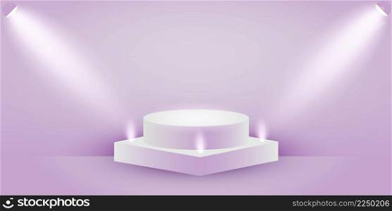 Geometric scene 3d with lilac backlight. Pastel lilac podium with soft light. 3D visualization of the scene for the presentation of products. Purple Vector background.. Geometric scene 3d with lilac backlight.