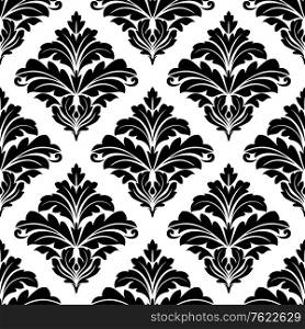 Geometric seamless arabesque pattern with foliate elements in a black and white diamond lattice suitable for textile and print