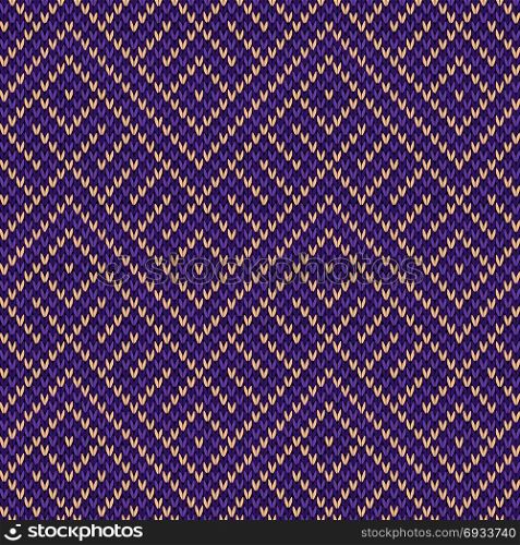 Geometric seamless knitted ornamental vector pattern mainly in violet hues as a fabric texture
