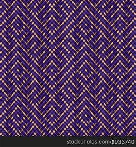 Geometric seamless knitted ornamental vector pattern mainly in violet hues as a fabric texture