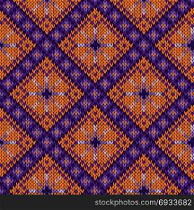 Geometric seamless knitted vector pattern in orange and violet hues