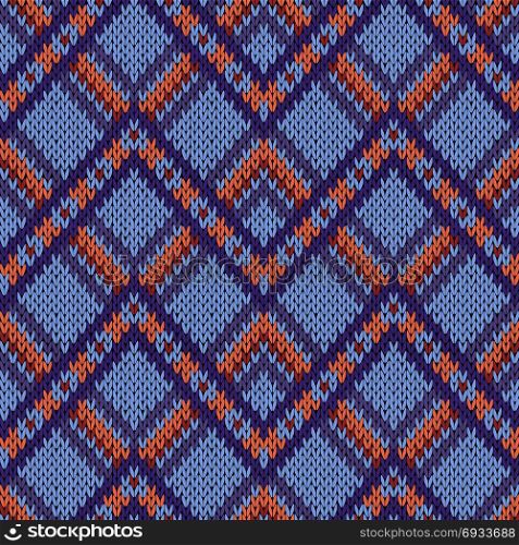 Geometric seamless ornamental knitted vector pattern mainly in blue and orange hues as a fabric texture