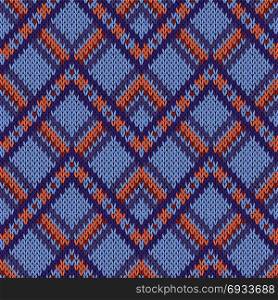 Geometric seamless ornamental knitted vector pattern mainly in blue and orange hues as a fabric texture