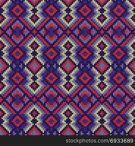 Geometric seamless ornamental knitted vector pattern mainly in violet, blue, terracotta and yellow hues as a fabric texture