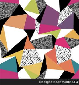 Geometric seamless pattern in retro style. Vintage background. Colorful triangles and hand drawn patterns