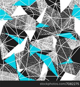 Geometric seamless pattern in retro style. Vintage background.Triangles and hand drawn patterns. Low poly seamless repeat pattern. Triangular facets. Vector pattern. Cyan Triangles