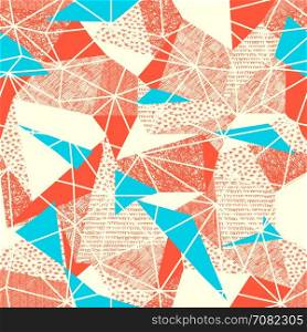 Geometric seamless pattern in retro style. Vintage background.Triangles and hand drawn patterns. Low poly seamless repeat pattern. Triangular facets. Vector pattern. Cyan Triangles