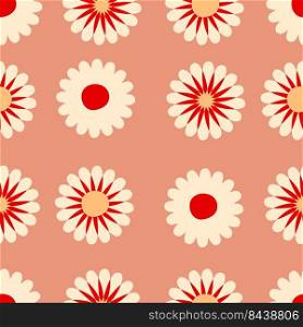 Geometric seamless pattern with abstract daisies in 1960 style. Floral aesthetic print for fabric, paper, stationery. Retro vector illustration for decor and design.