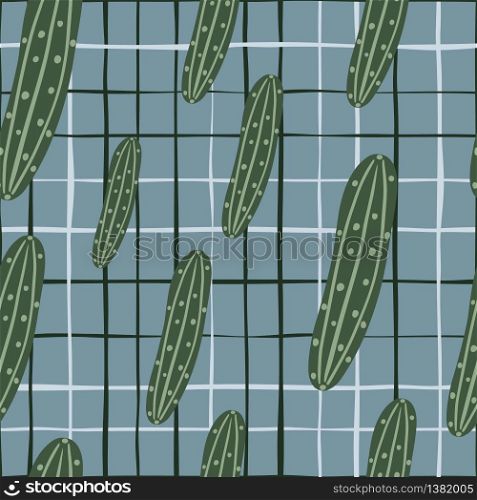 Geometric seamless pattern with cucumber on stripes background. Design for fabric, textile print, wrapping paper, kitchen textiles. Vintage vector illustration. Geometric seamless pattern with cucumber on stripes background.