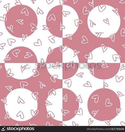 Geometric seamless pattern with doodle hearts and round spots. Aesthetic background with distorted squares and circles. Hand drawn romantic vector illustration for decor and design.