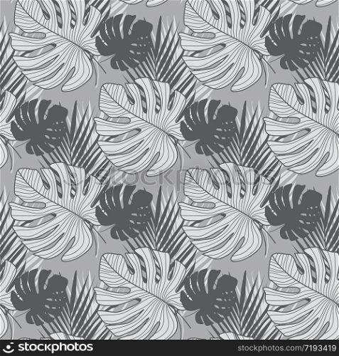 Geometric seamless pattern with monochrome tropical leaves. Exotic botanical leaf wallpaper. Design for fabric, textile print, wrapping paper, fashion, interior, cover. Abstract vector illustration. Geometric seamless pattern with monochrome tropical leaves. Exotic botanical leaf wallpaper.