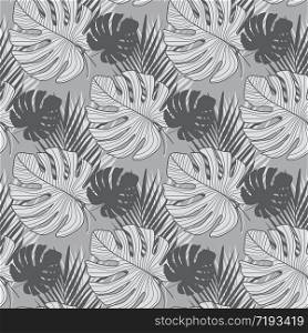 Geometric seamless pattern with monochrome tropical leaves. Exotic botanical leaf wallpaper. Design for fabric, textile print, wrapping paper, fashion, interior, cover. Abstract vector illustration. Geometric seamless pattern with monochrome tropical leaves. Exotic botanical leaf wallpaper.