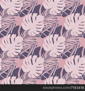 Geometric seamless pattern with tropical leaves on pink background. Exotic botanical leaf wallpaper. Design for fabric, textile print, wrapping paper, fashion, interior, cover. Vector illustration. Geometric seamless pattern with tropical leaves on pink background. Exotic botanical leaf wallpaper