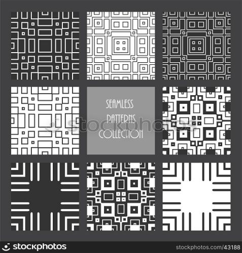 Geometric seamless patterns set. Monochrome repeated square collection. Abstract vector illustration.