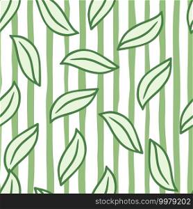 Geometric seamlesspattern with doodle outline leaf shapes print. Green striped background. Designed for fabric design, textile print, wrapping, cover. Vector illustration.. Geometric seamlesspattern with doodle outline leaf shapes print. Green striped background.