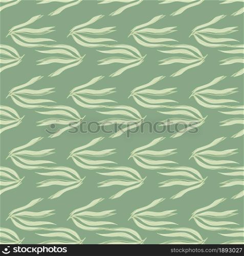 Geometric seaweeds seamless pattern on green background. Marine plants wallpaper. Underwater foliage backdrop. Design for fabric, textile print, wrapping, cover. Vector illustration.. Geometric seaweeds seamless pattern on green background.