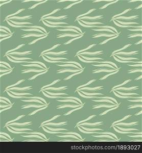 Geometric seaweeds seamless pattern on green background. Marine plants wallpaper. Underwater foliage backdrop. Design for fabric, textile print, wrapping, cover. Vector illustration.. Geometric seaweeds seamless pattern on green background.