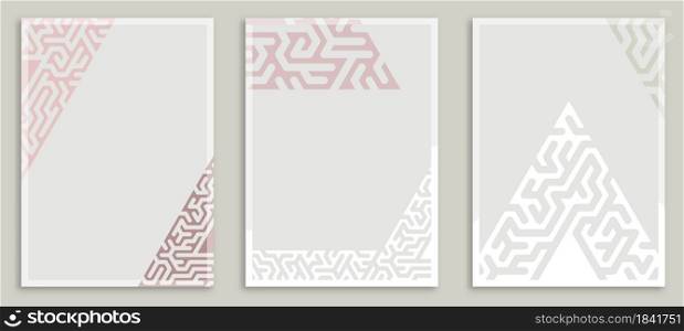 Geometric set of illustrations for interior. Abstract mazes. Design for print, cover, wallpaper. Minimalist art. Vector