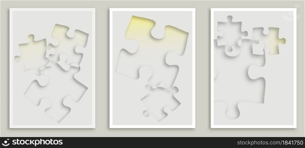 Geometric set of illustrations for interior with puzzle pieces. Abstract design for print, cover, wallpaper. Minimalist art. Vector