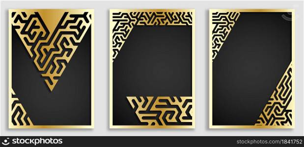 Geometric set of illustrations for print, cover, wallpaper. Abstract gold mazes. Design for Minimalist art. Vector